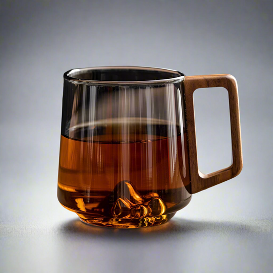 Mountain Mist Glass Tea Cup with Walnut Handle